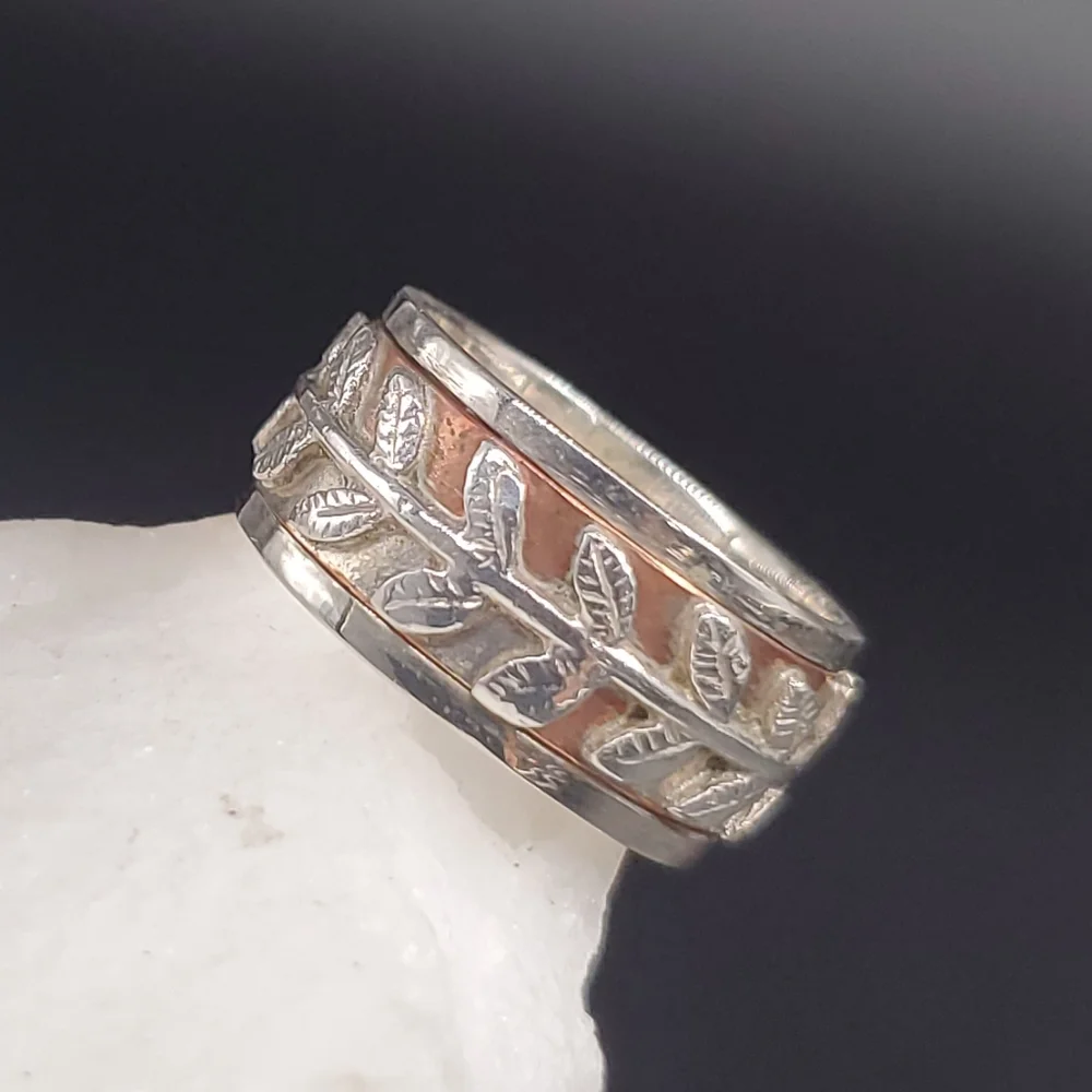 Sterling Silver 925/14k Rose Gold Ring Designer Silversmith Boho Leaf Branch